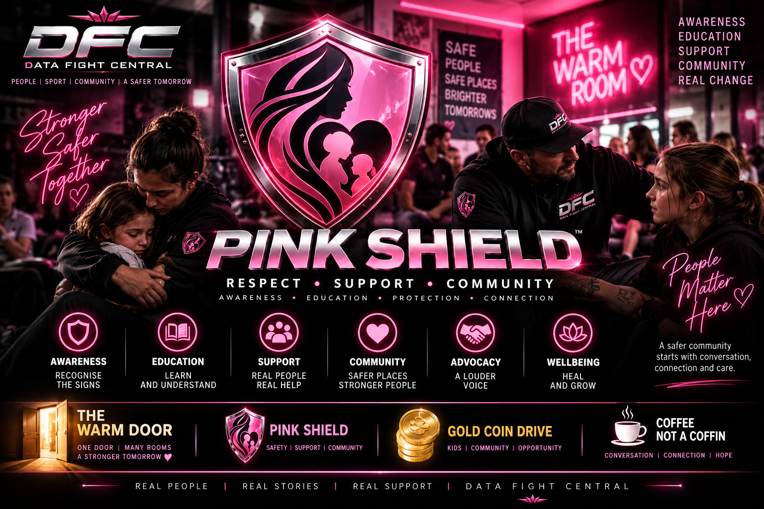 Pink Shield campaign illustration showing awareness, education, support, community, advocacy and wellbeing